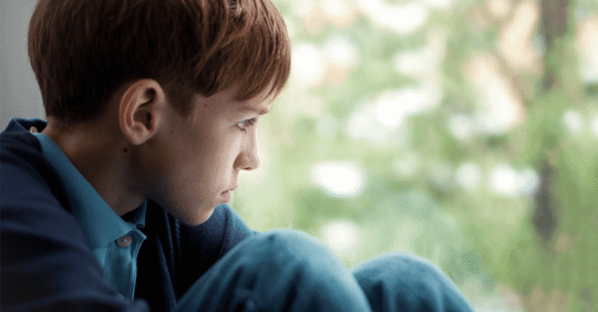 A child looks through a window